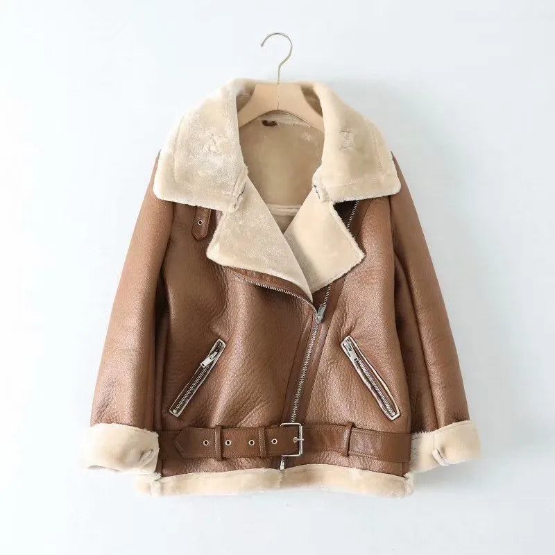 Saashi Aviator Outwear - Women's Faux Leather Fur Jacket, Winter Thickness"