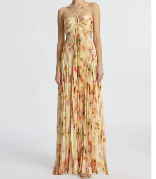 Floral Skew Collar Chiffon Maxi Dress