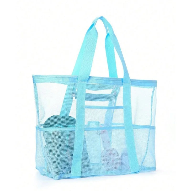 Picnic Beach Bag Women Mesh Transparent Swim Storage High Capacity Shopping Bags Tote Blue L