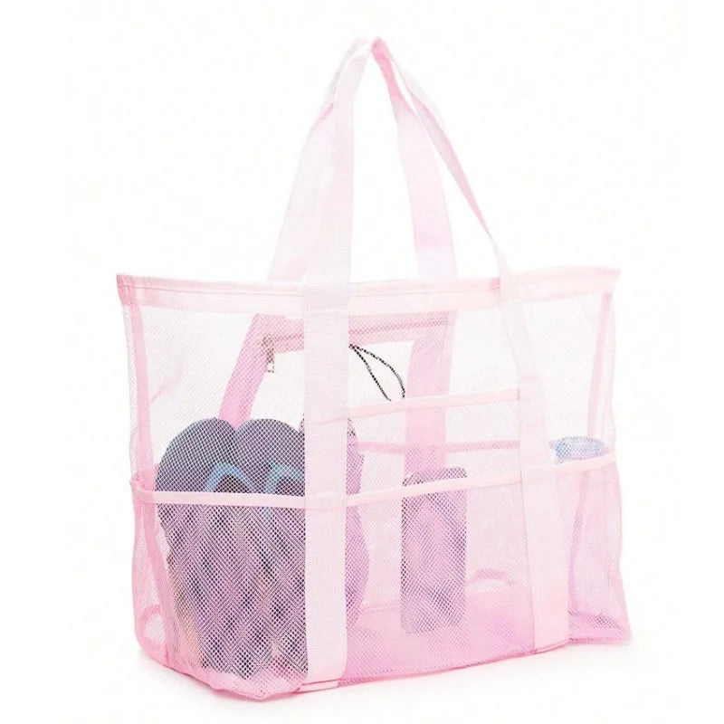 Picnic Beach Bag Women Mesh Transparent Swim Storage High Capacity Shopping Bags Tote Pink L