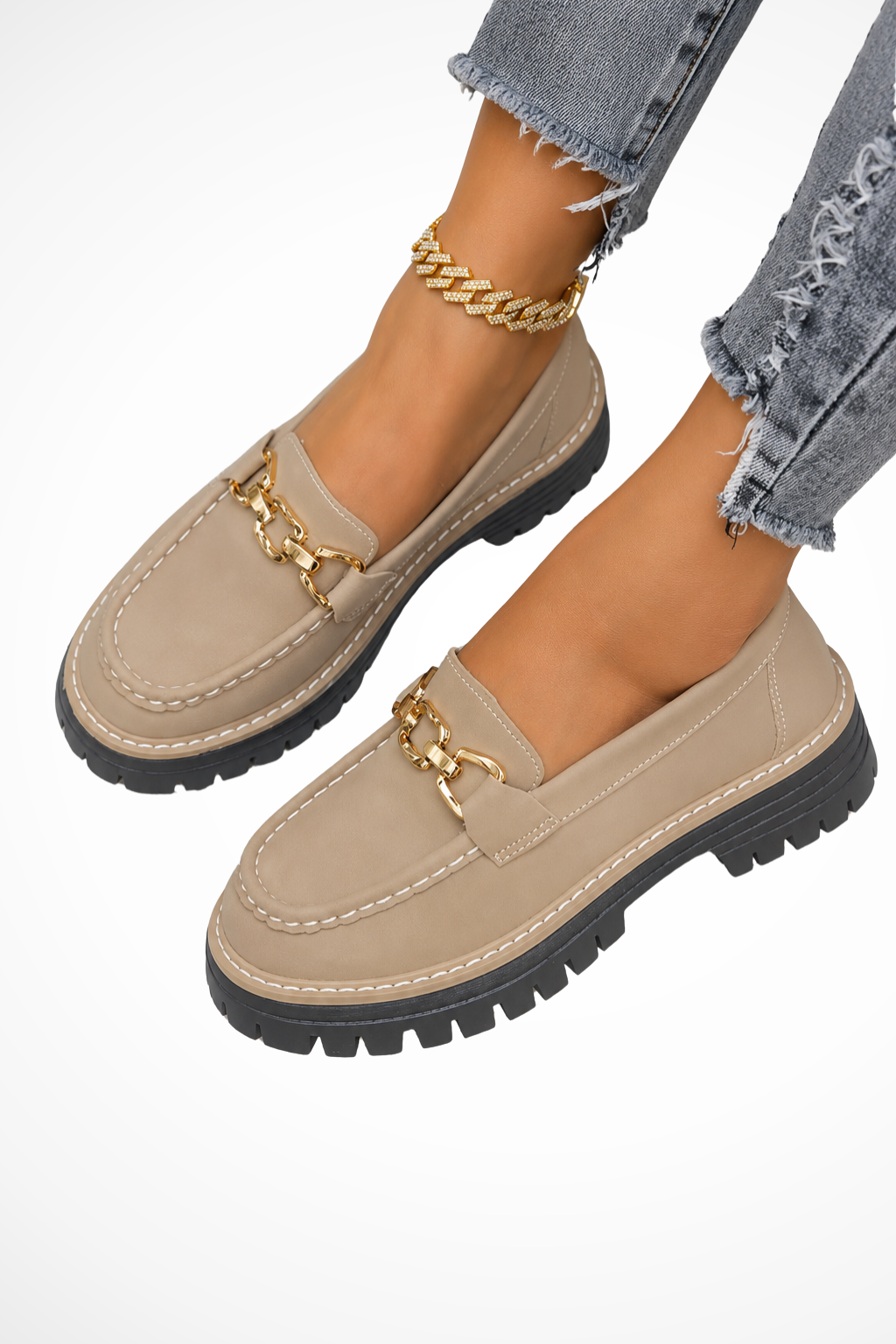 Seraphielle — Stylish Platform Loafers With Chic Slip-On Gold Chain Accent Design Khaki