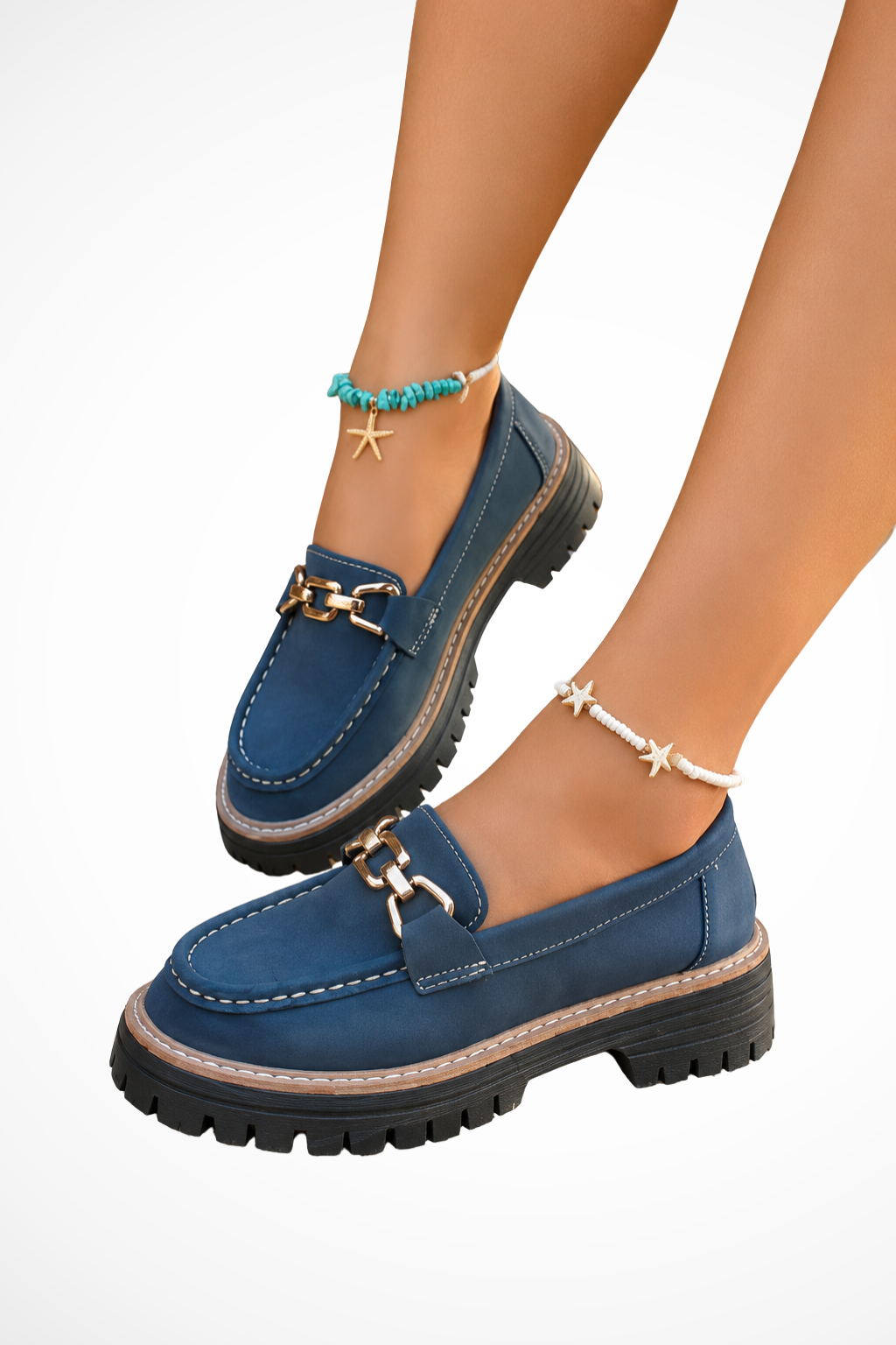 Seraphielle — Stylish Platform Loafers With Chic Slip-On Gold Chain Accent Design Blue