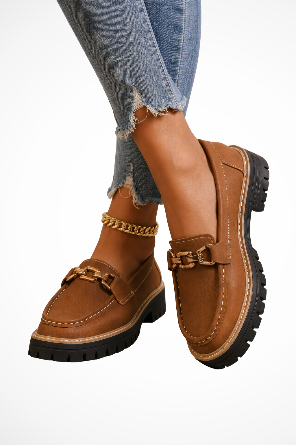 Seraphielle — Stylish Platform Loafers With Chic Slip-On Gold Chain Accent Design Brown