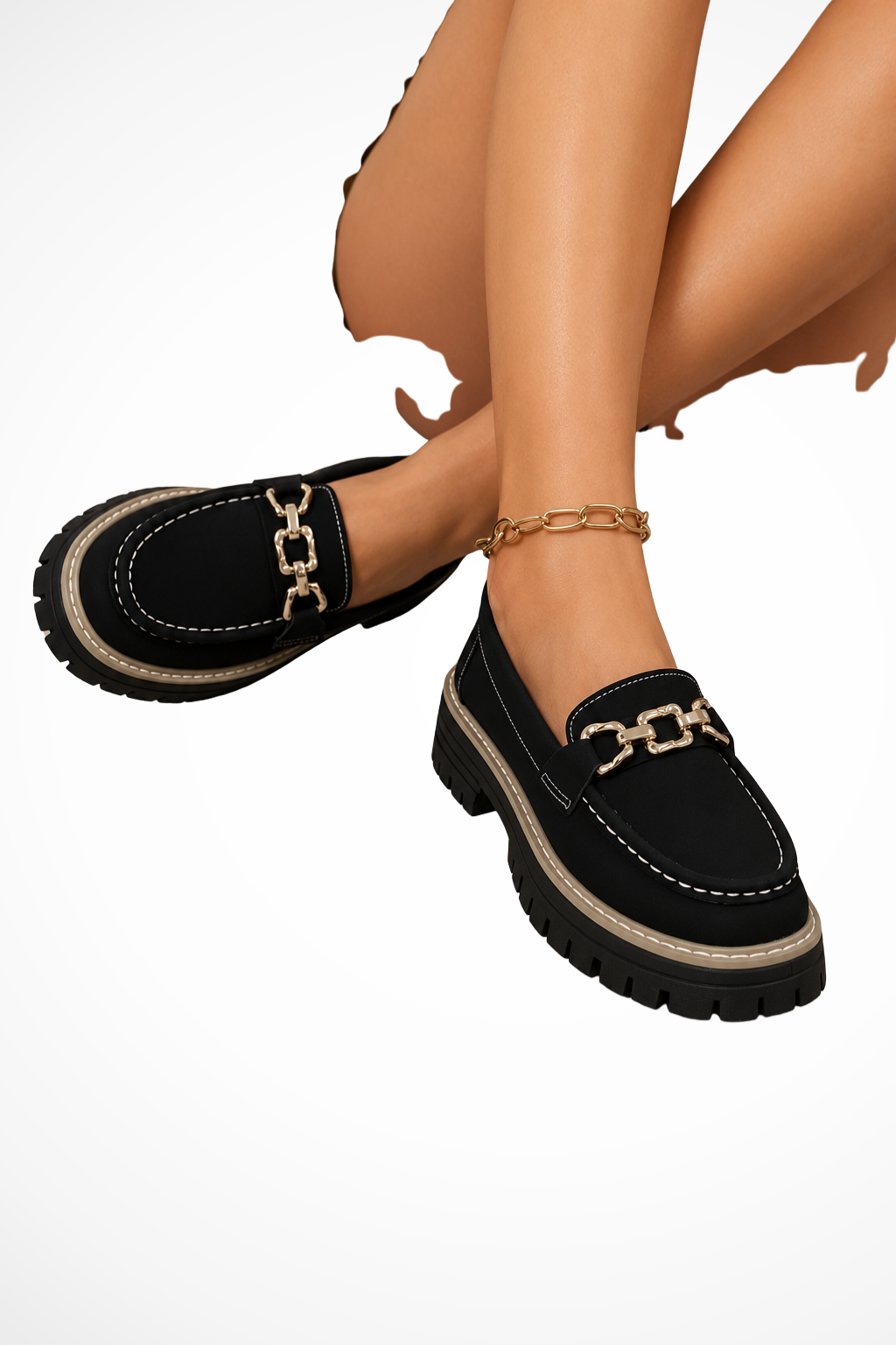 Seraphielle — Stylish Platform Loafers With Chic Slip-On Gold Chain Accent Design Black