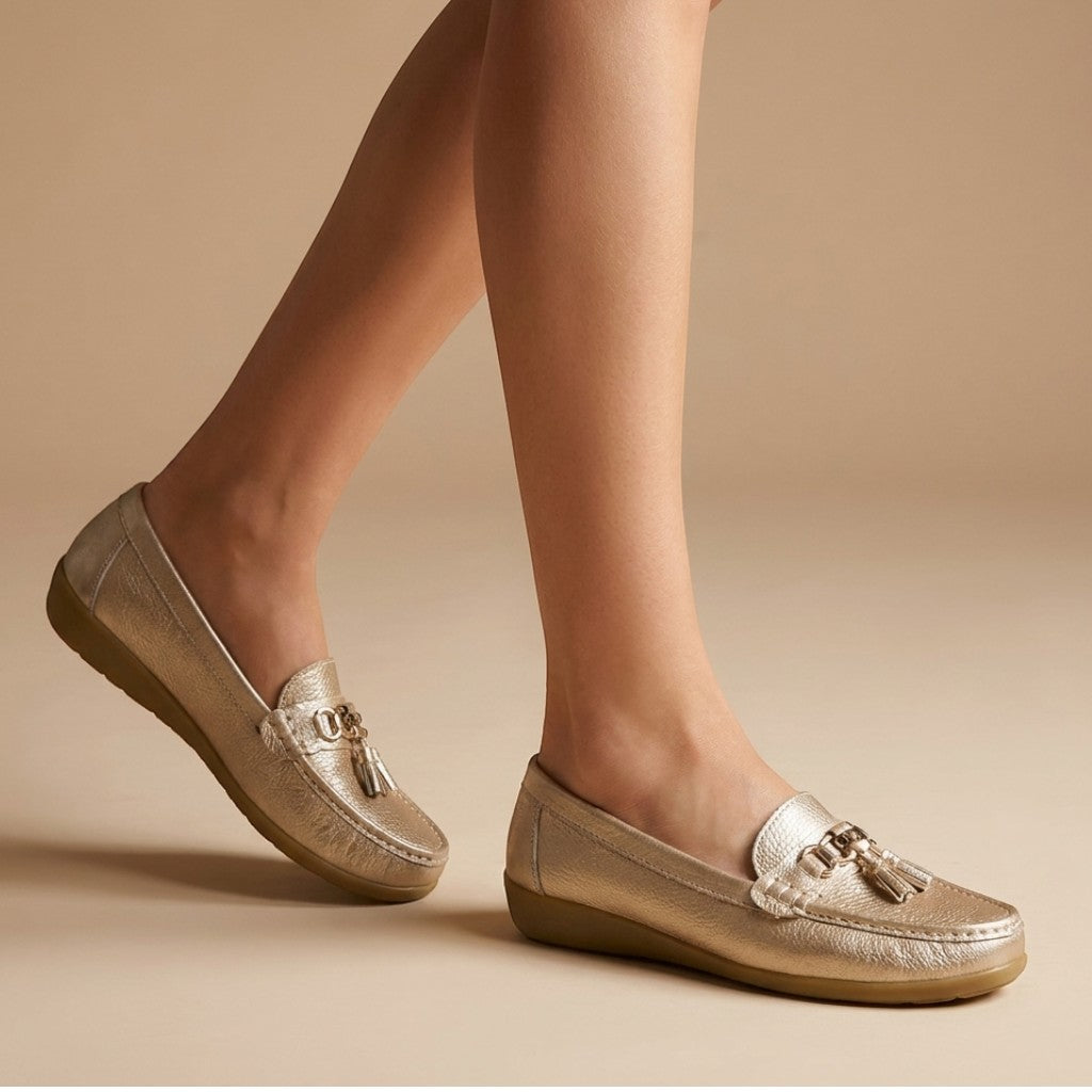 Solenne — Comfortable Leather Penny Loafers With Elegant Slip-On Tassel Design Gold