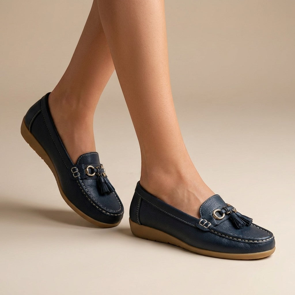 Solenne — Comfortable Leather Penny Loafers With Elegant Slip-On Tassel Design Navy Blue