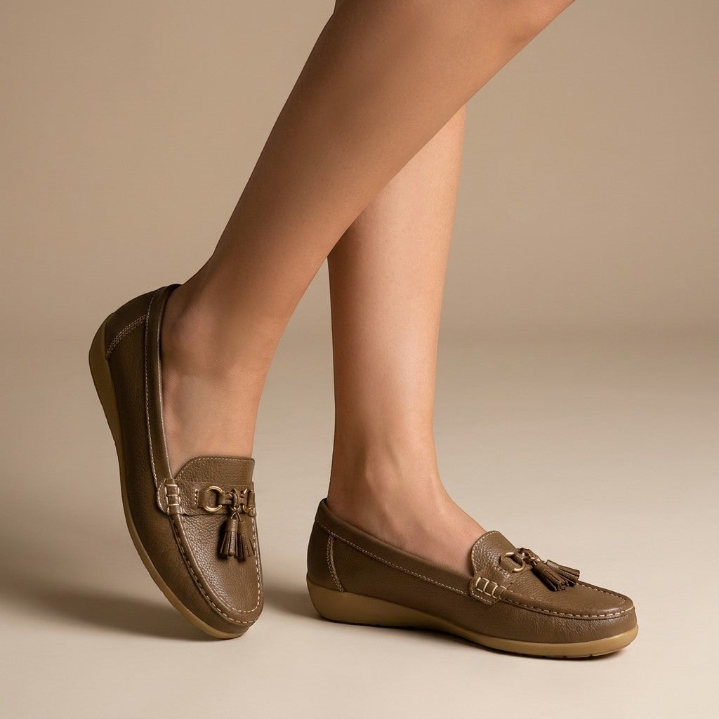 Solenne — Comfortable Leather Penny Loafers With Elegant Slip-On Tassel Design Khaki