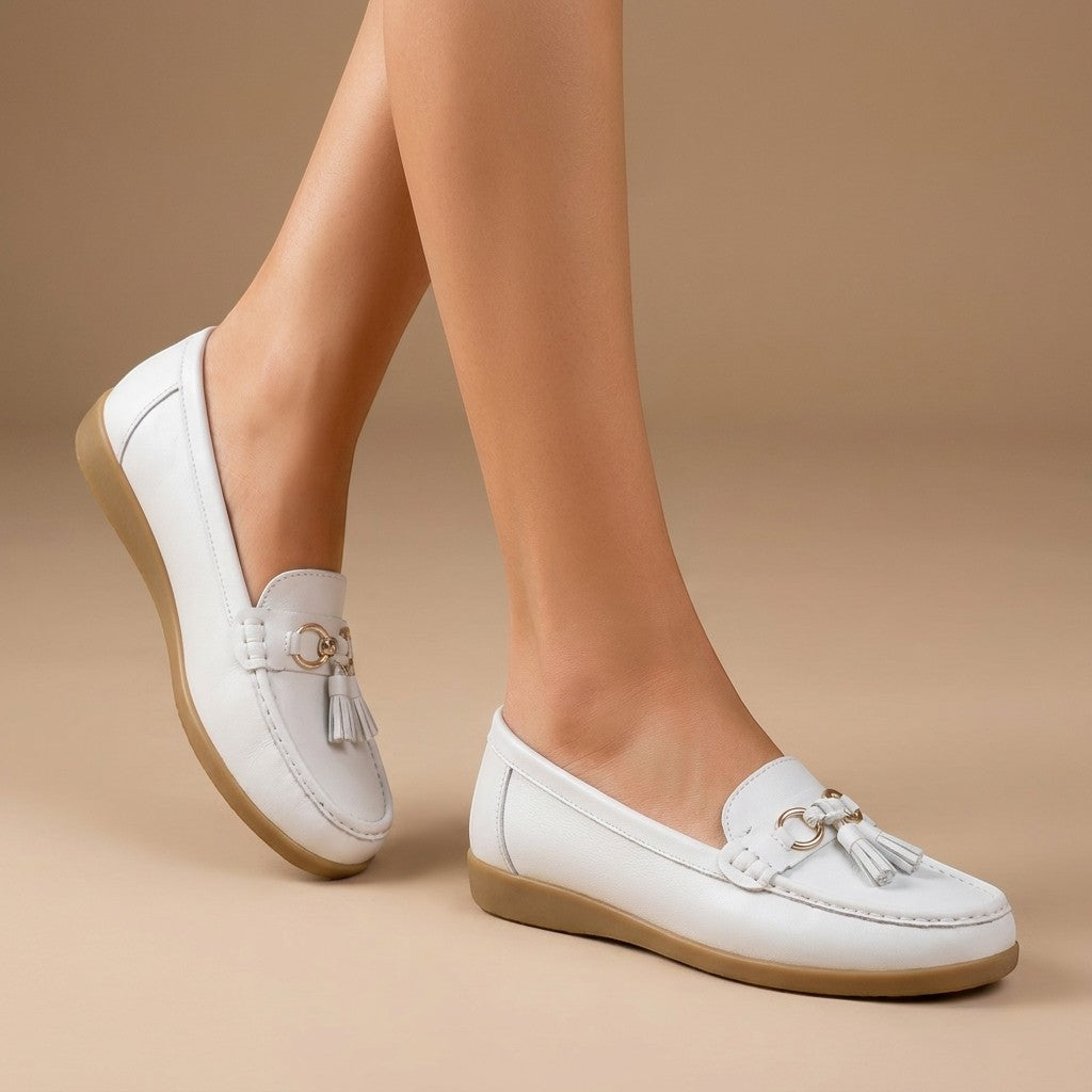 Solenne — Comfortable Leather Penny Loafers With Elegant Slip-On Tassel Design White