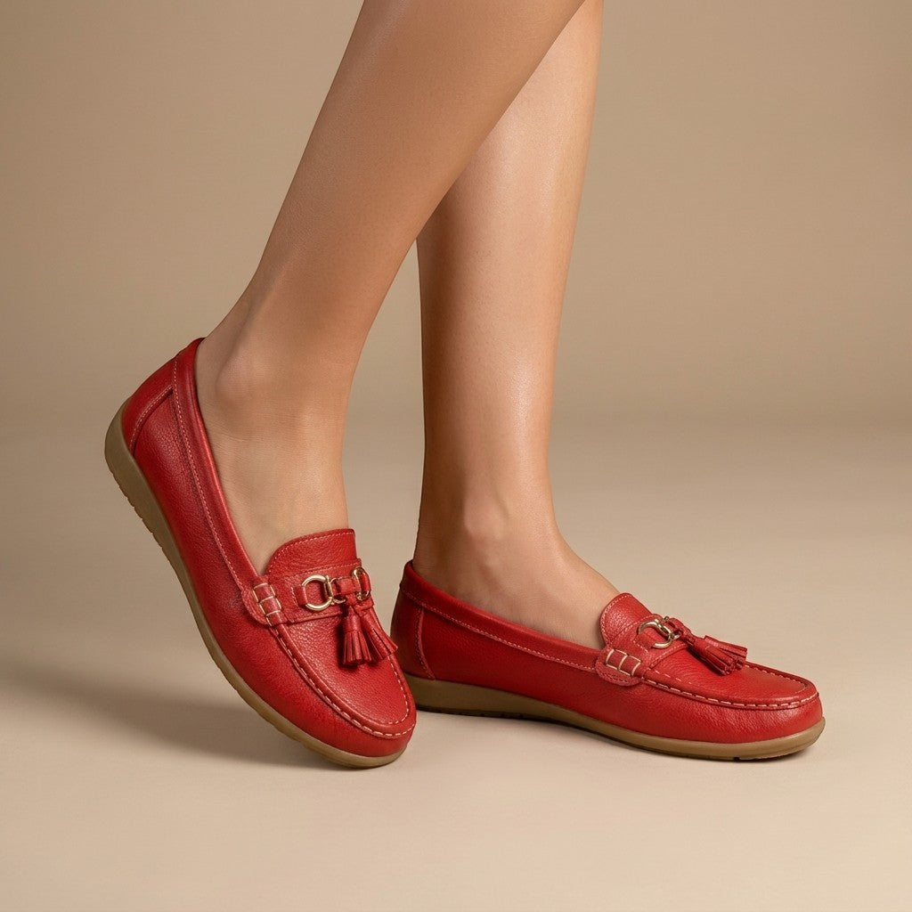 Solenne — Comfortable Leather Penny Loafers With Elegant Slip-On Tassel Design Red