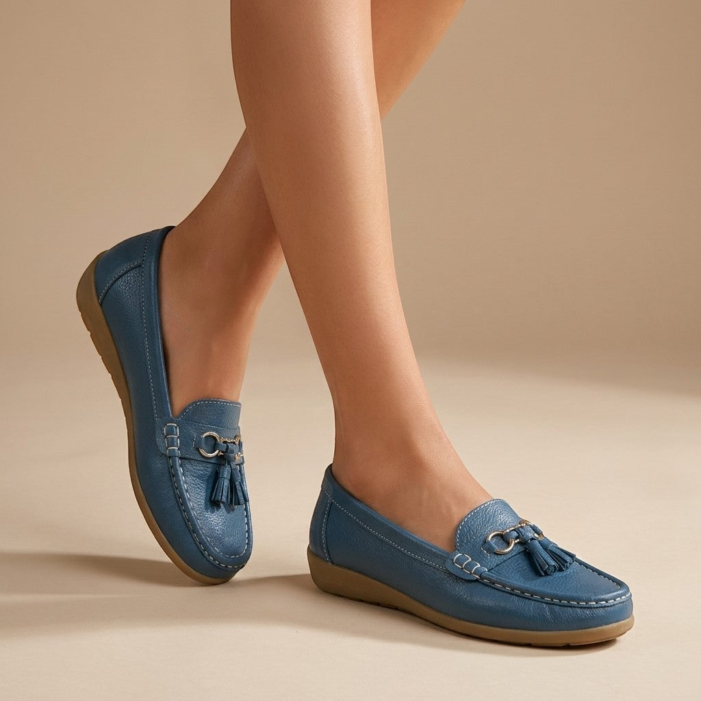 Solenne — Comfortable Leather Penny Loafers With Elegant Slip-On Tassel Design Blue