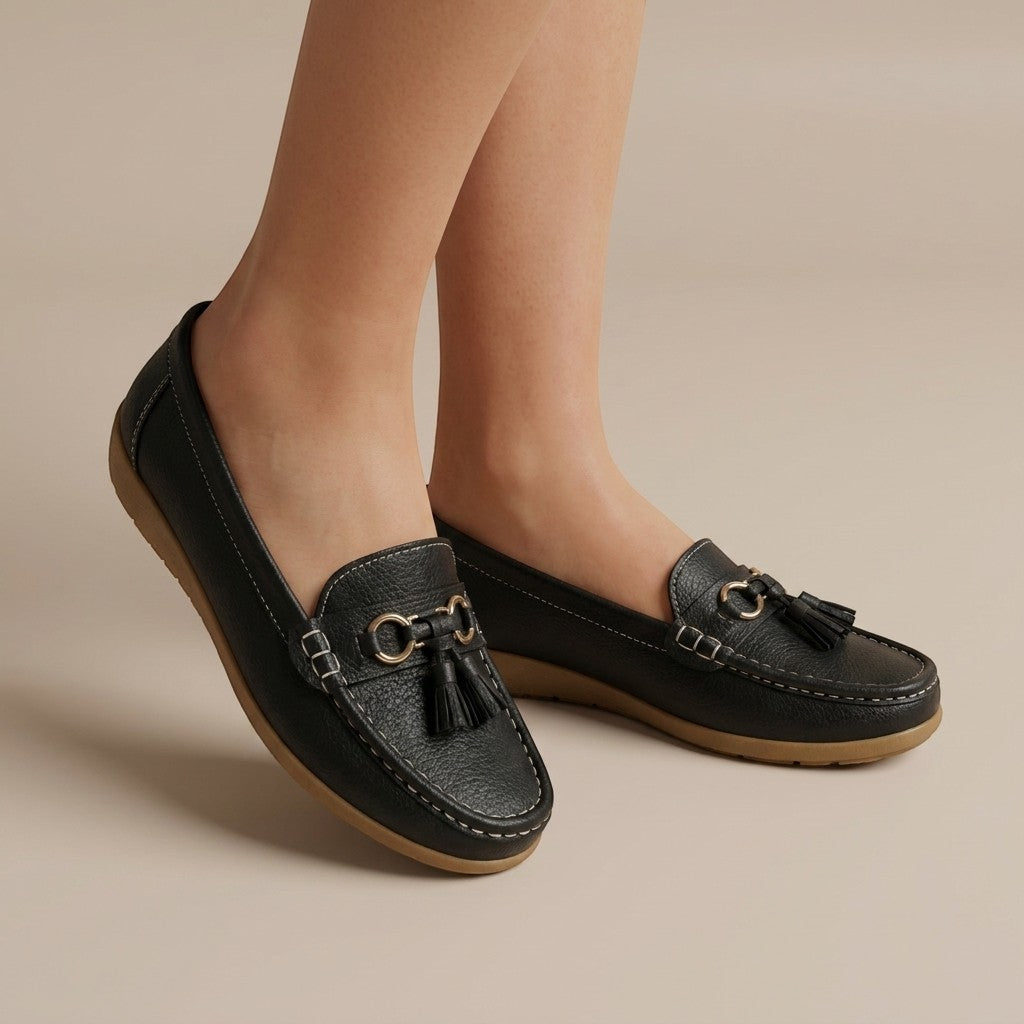 Solenne — Comfortable Leather Penny Loafers With Elegant Slip-On Tassel Design Black