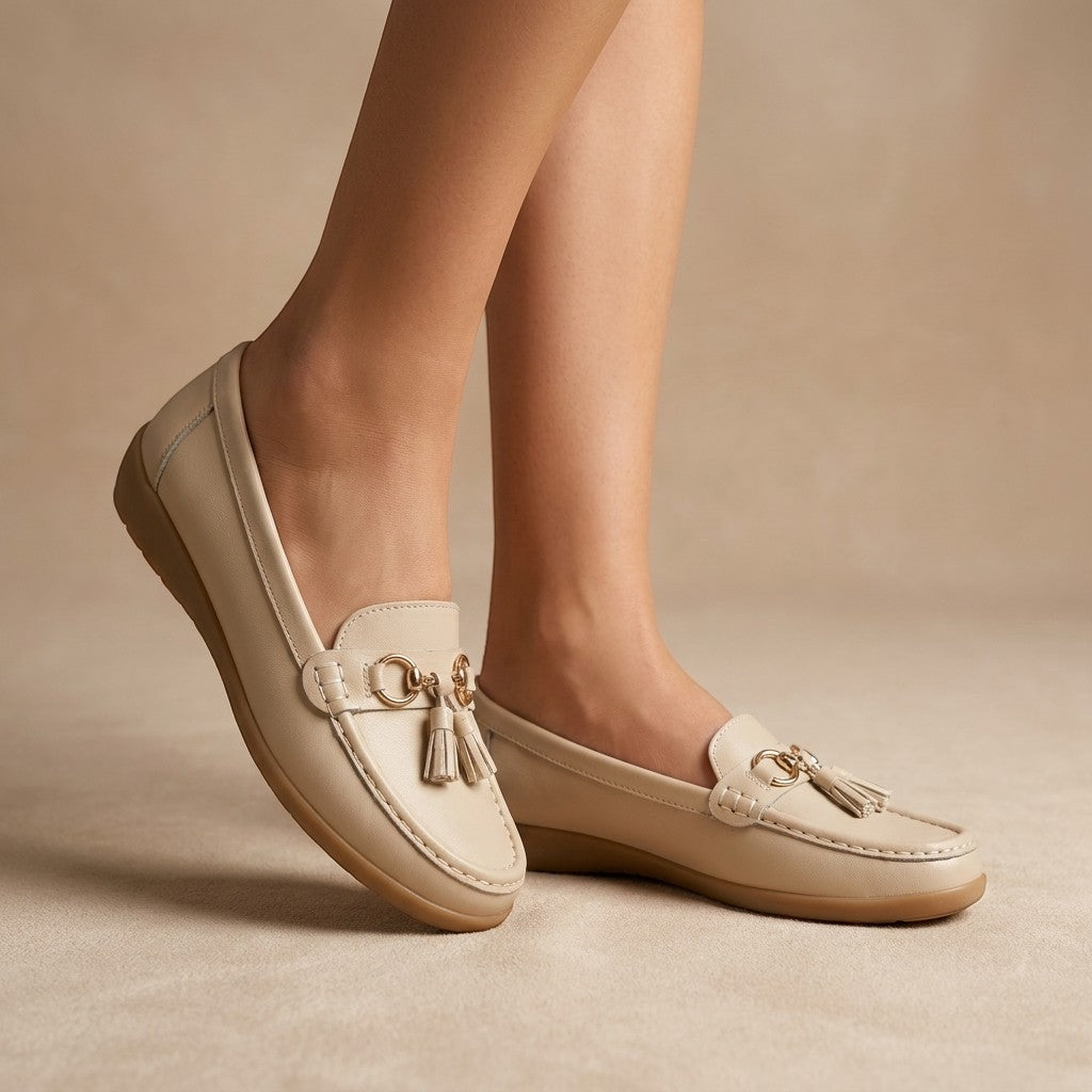 Solenne — Comfortable Leather Penny Loafers With Elegant Slip-On Tassel Design Beige