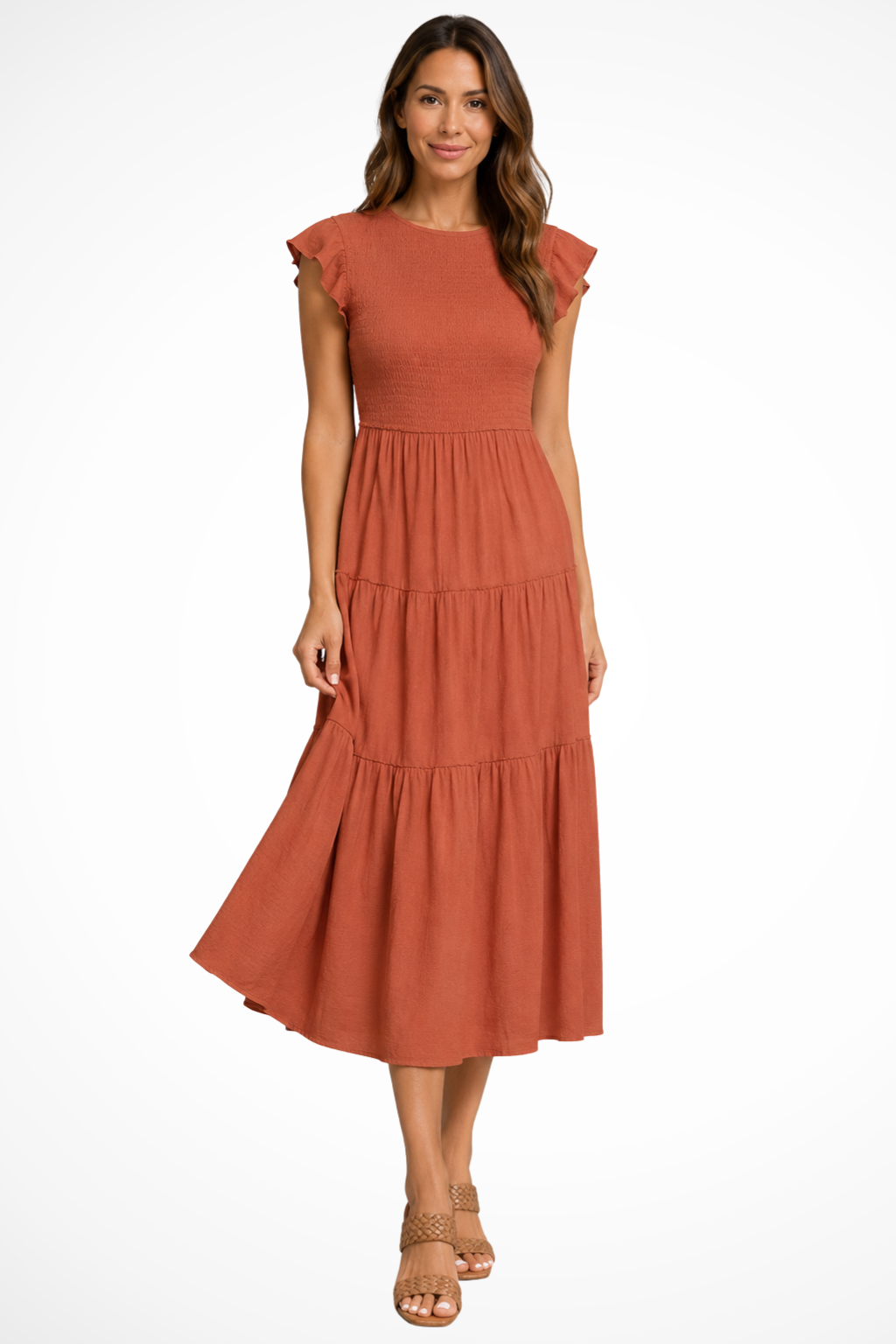 Marvelle — Lightweight Cotton Tiered Midi Dress With Flutter Sleeves And Shirred Waist Orange