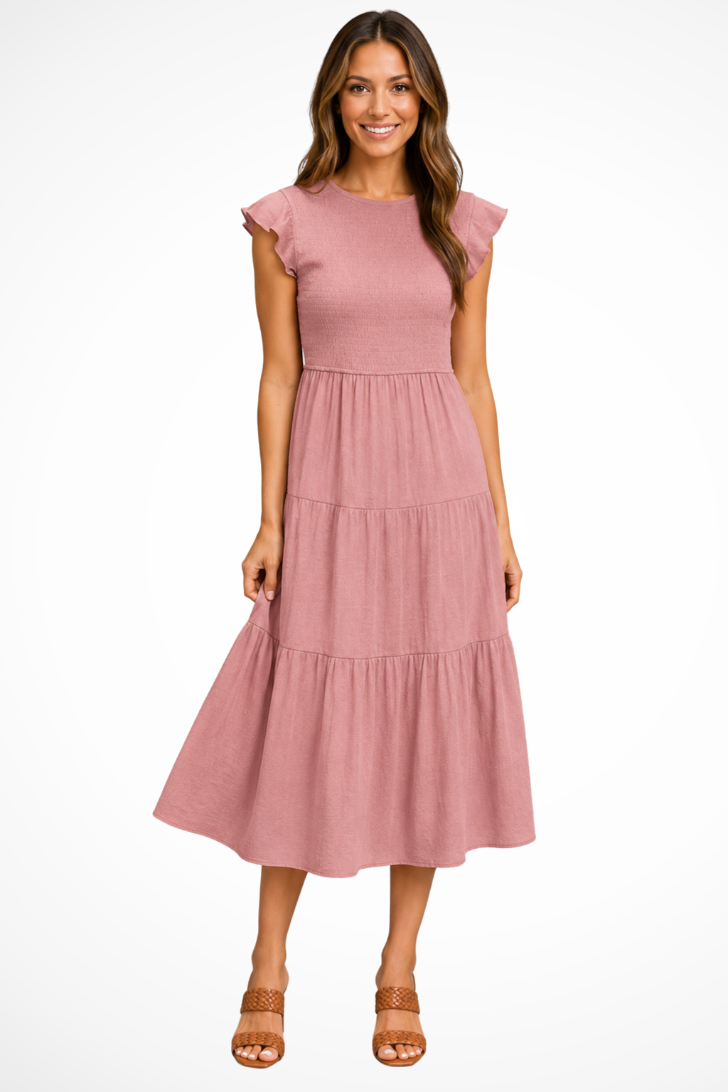 Marvelle — Lightweight Cotton Tiered Midi Dress With Flutter Sleeves And Shirred Waist Pink
