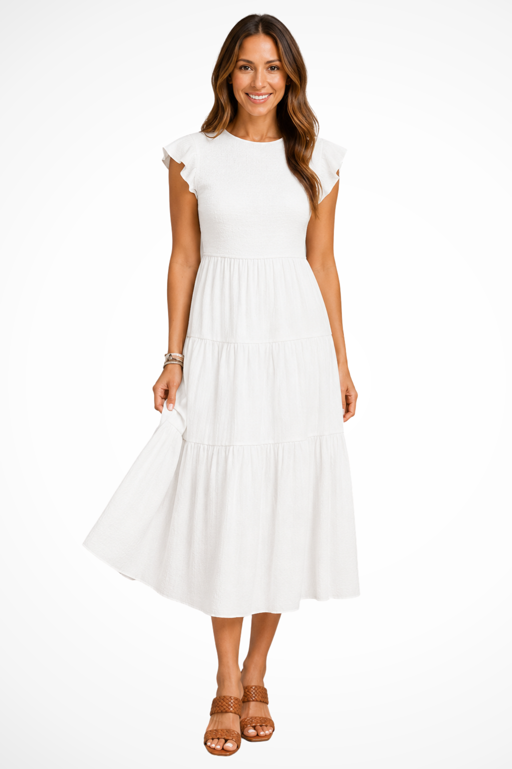 Marvelle — Lightweight Cotton Tiered Midi Dress With Flutter Sleeves And Shirred Waist White