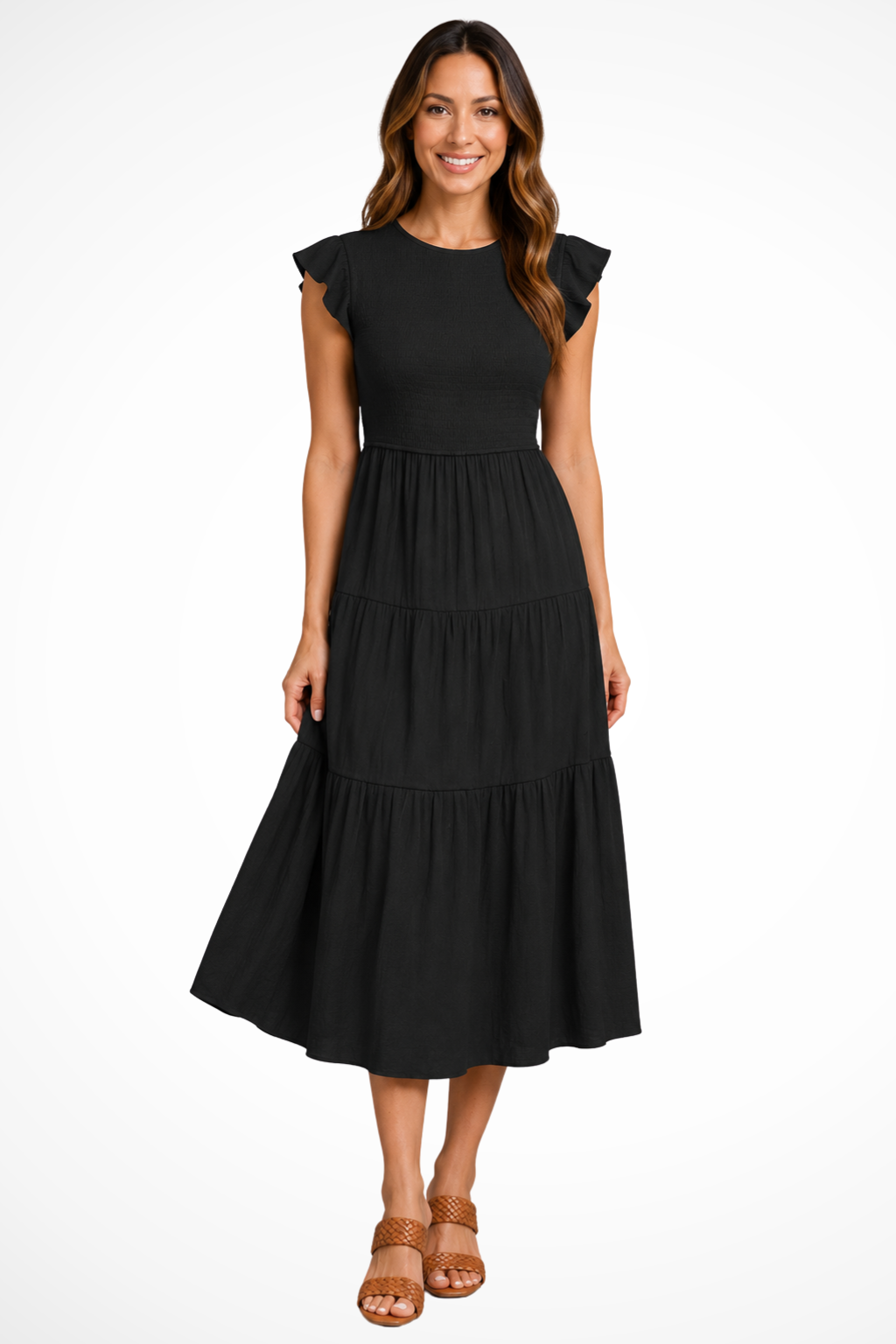 Marvelle — Lightweight Cotton Tiered Midi Dress With Flutter Sleeves And Shirred Waist Black