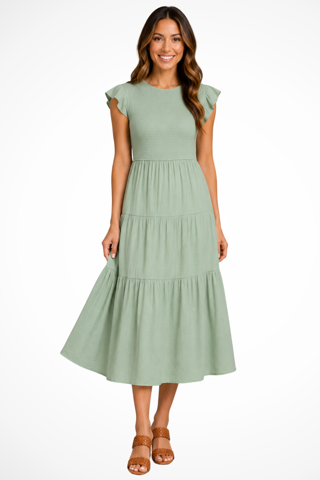 Marvelle — Lightweight Cotton Tiered Midi Dress With Flutter Sleeves And Shirred Waist Light green