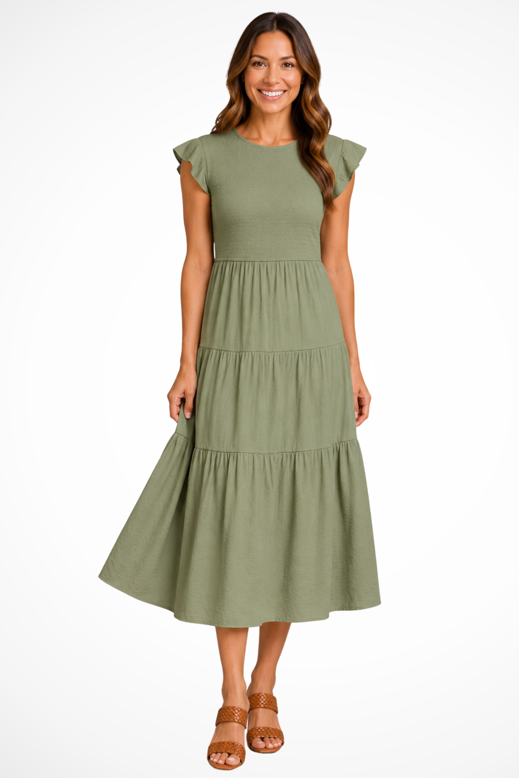 Marvelle — Lightweight Cotton Tiered Midi Dress With Flutter Sleeves And Shirred Waist Dark green