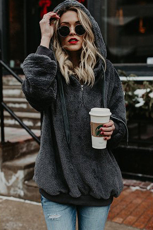 Closer to You Zip Fur Hoodie Dark Grey