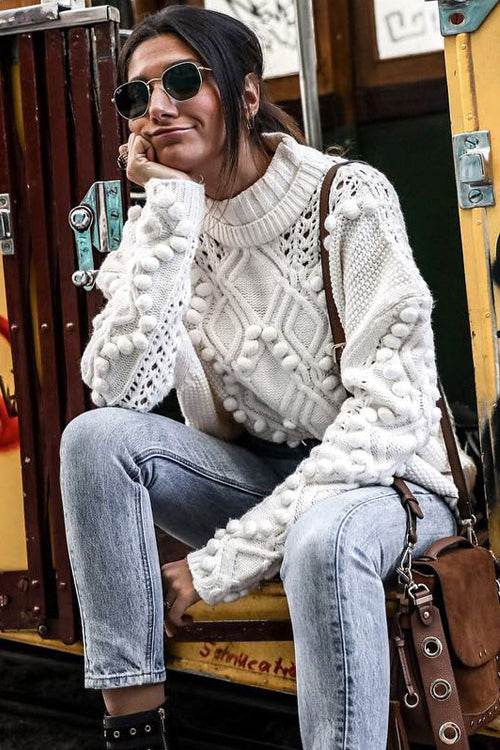 Fur-ever Yours Balls Knit Sweater - 2 Colors One Size White