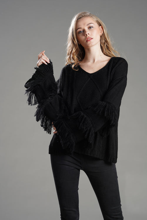 Look What You Made Me Do Tassel Knit Sweater Black