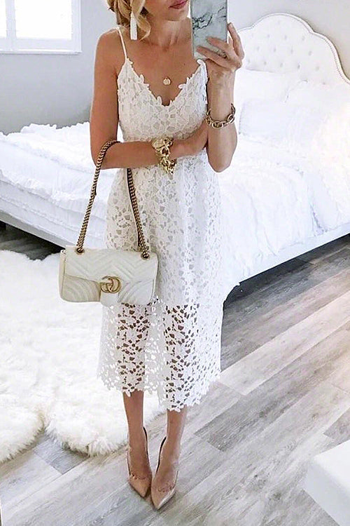 Lace Hollow-out Midi Dress White