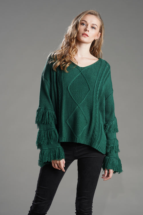 Look What You Made Me Do Tassel Knit Sweater Green