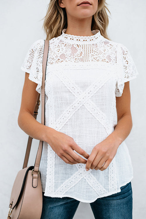 Not So Secret Lace Overlay Ruffle Top - 3 Colors White