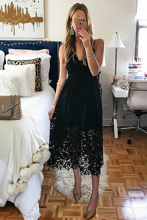 Lace Hollow-out Midi Dress Black