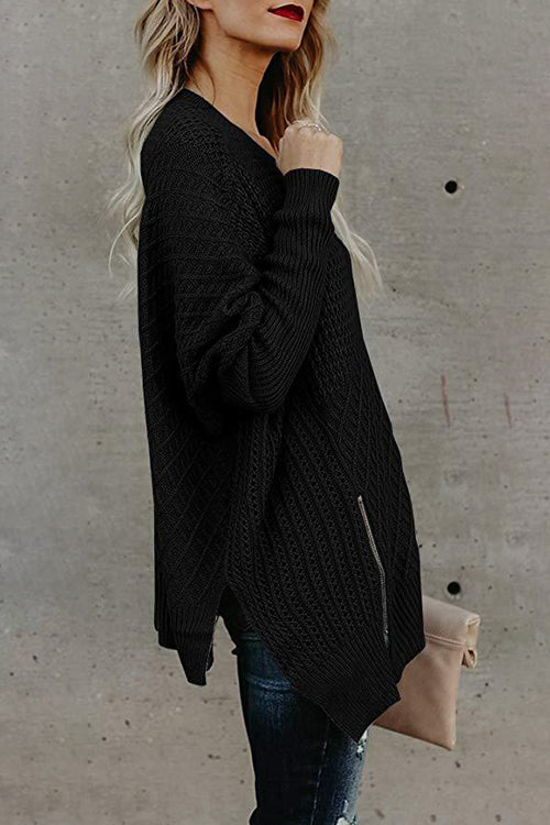 Take It Easy Zip Up Knit Cape Sweater - 5 Colors Black