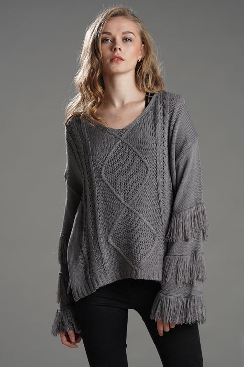 Look What You Made Me Do Tassel Knit Sweater Grey