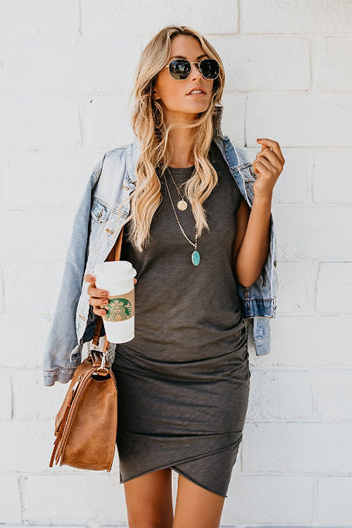 Summertime Pure Color Pleated Mini Dress - 3 Colors Charcoal