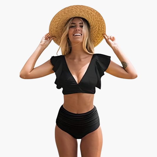 Ruffle Sleeve Bikini - Women’s High Waist Retro Swim Set