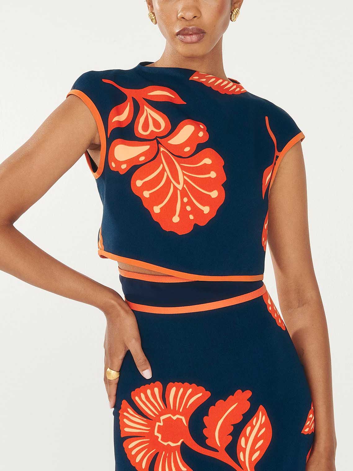 Exquisite Plant And Flower Print Cap Sleeve Short T-shirt Royal Blue