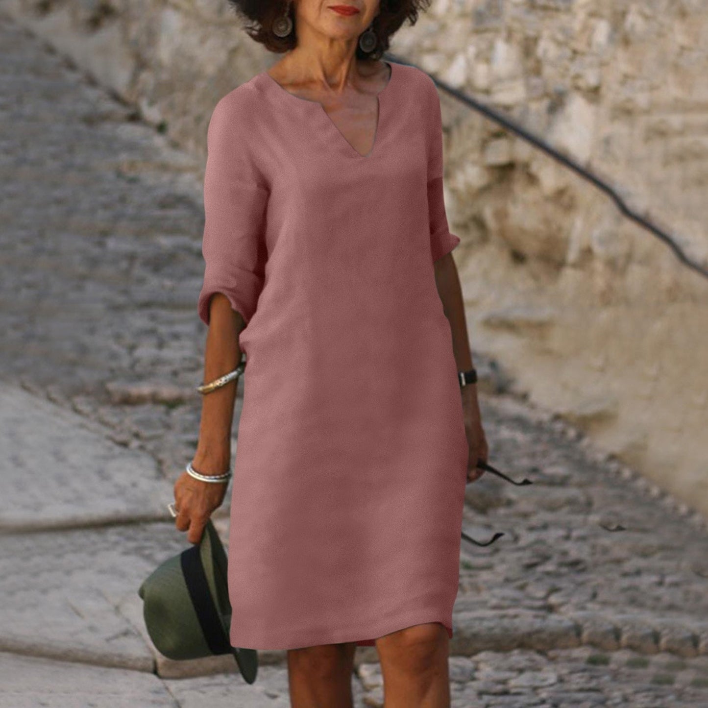 Camille — Comfortable V-Neck Midi Dress With Elegant 3/4 Sleeves Pink