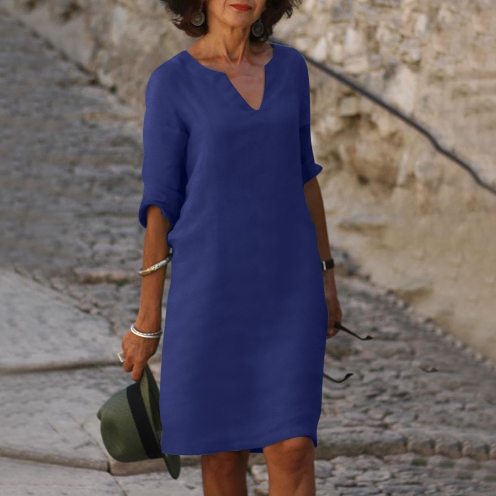 Camille — Comfortable V-Neck Midi Dress With Elegant 3/4 Sleeves Dark Blue