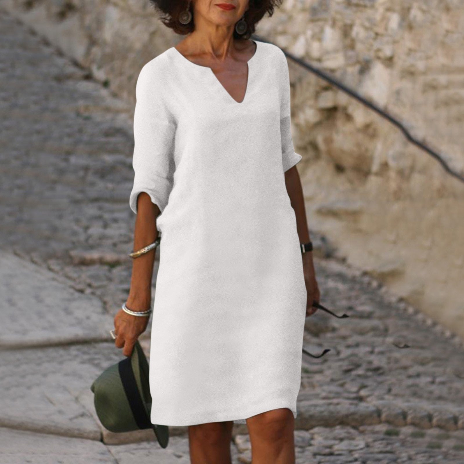 Camille — Comfortable V-Neck Midi Dress With Elegant 3/4 Sleeves White