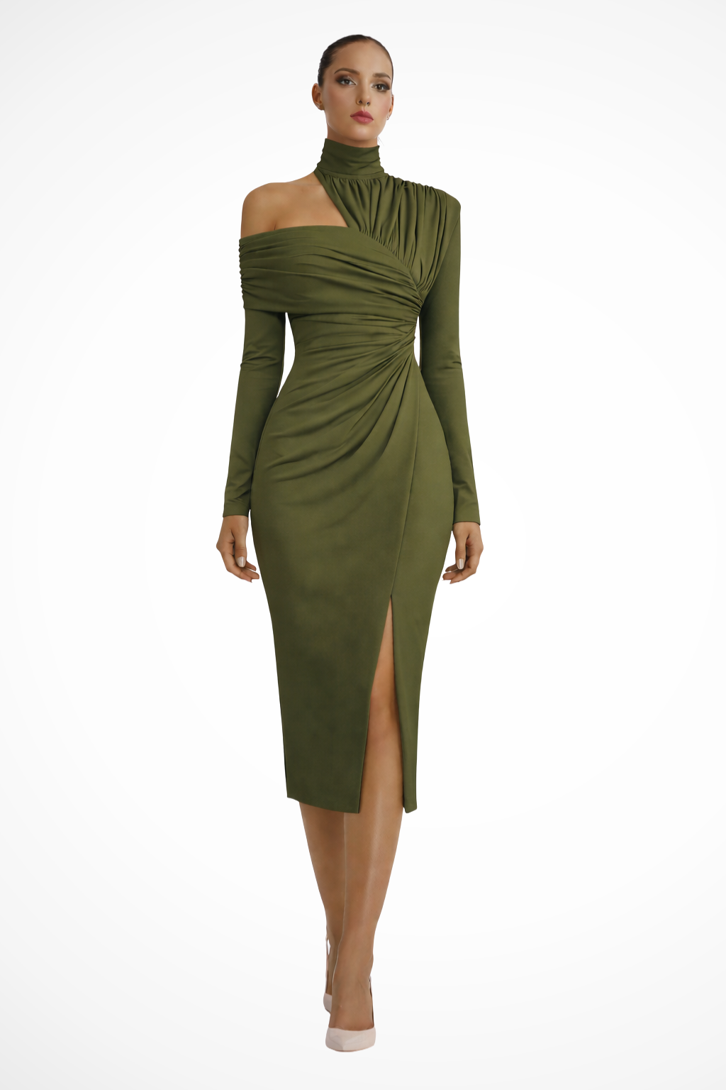 Asymmetricshoulder — Asymmetric One-Shoulder Midi Dress With Structured Draped Wedding Design Green