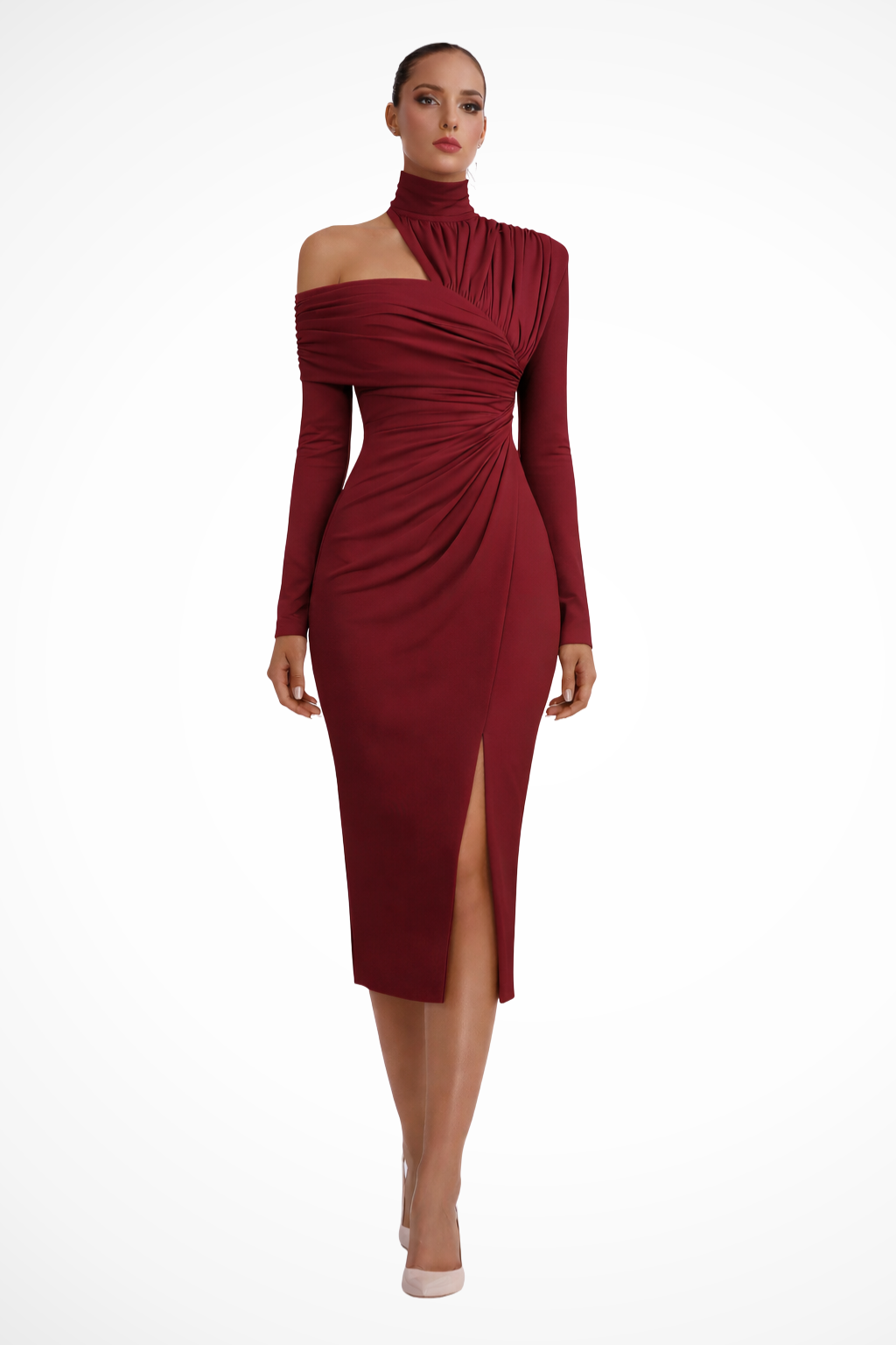 Asymmetricshoulder — Asymmetric One-Shoulder Midi Dress With Structured Draped Wedding Design Dark Red