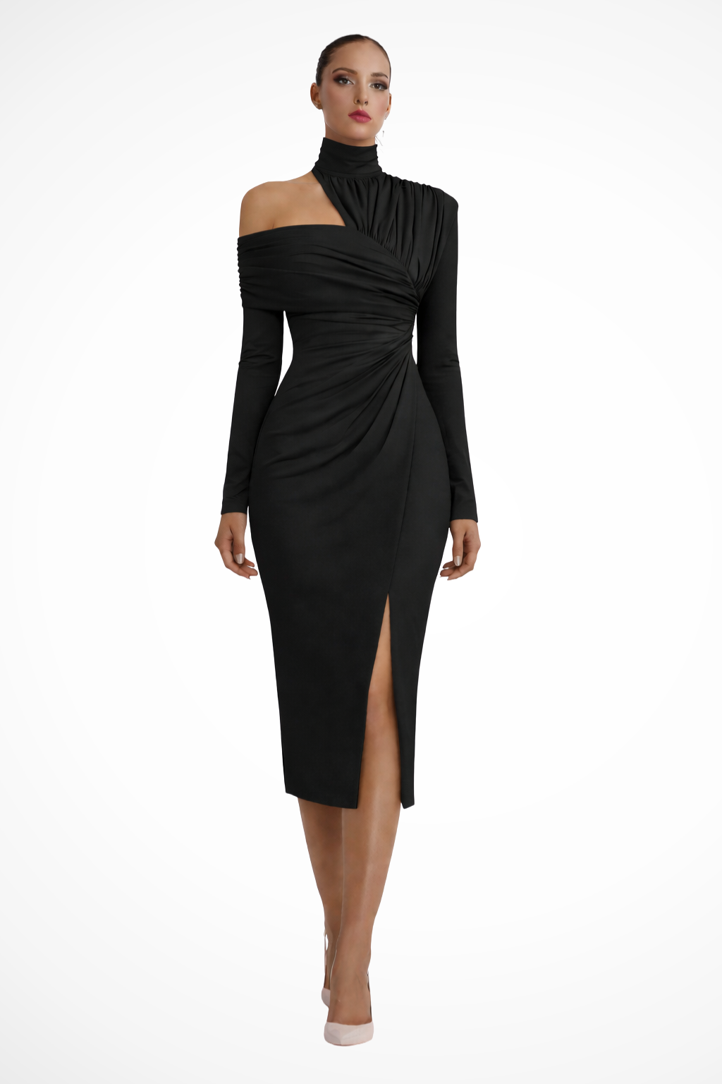 Asymmetricshoulder — Asymmetric One-Shoulder Midi Dress With Structured Draped Wedding Design Black
