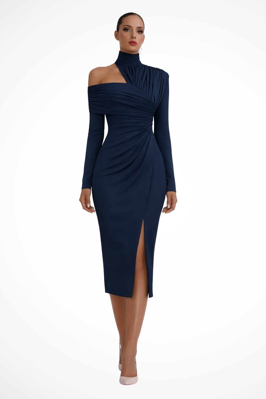 Asymmetricshoulder — Asymmetric One-Shoulder Midi Dress With Structured Draped Wedding Design Navy Blue