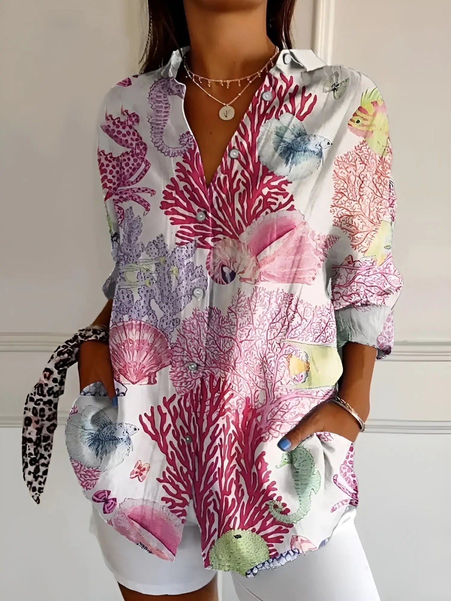 Marigold — Breathable Cotton Blouse With Elegant Long Sleeve Button-Down Style Pink Sea Print
