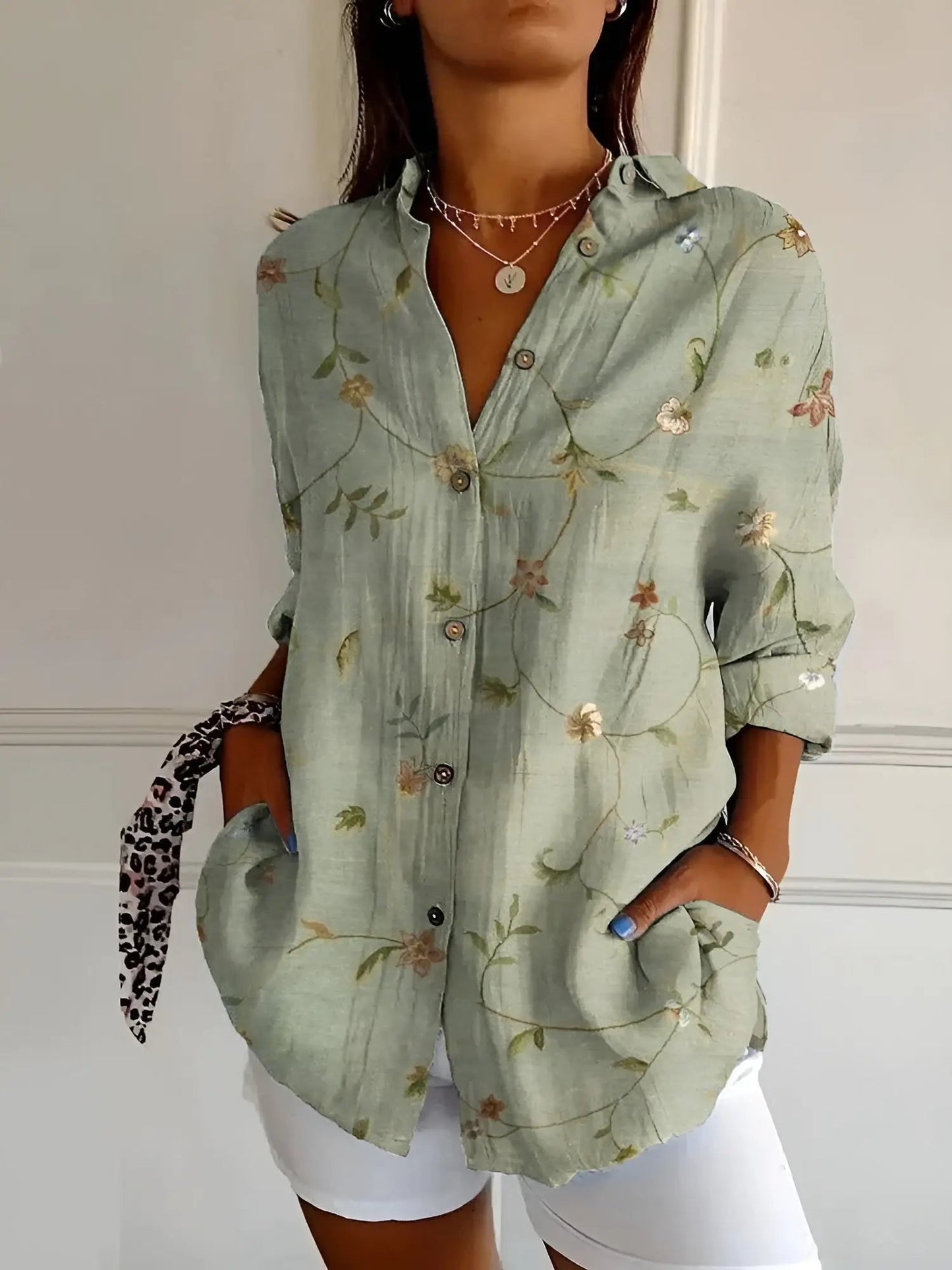 Marigold — Breathable Cotton Blouse With Elegant Long Sleeve Button-Down Style Green
