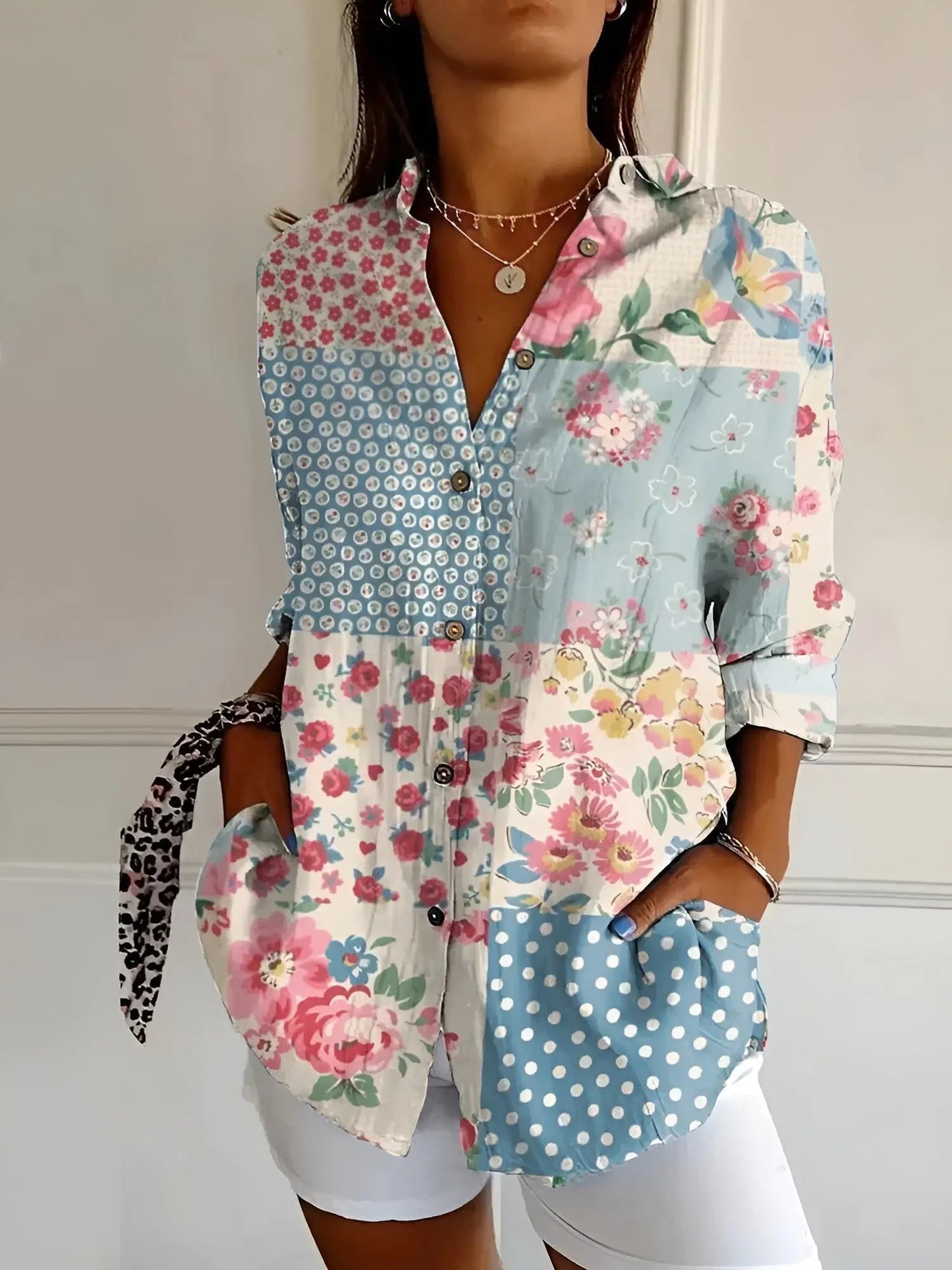 Marigold — Breathable Cotton Blouse With Elegant Long Sleeve Button-Down Style Blue flower