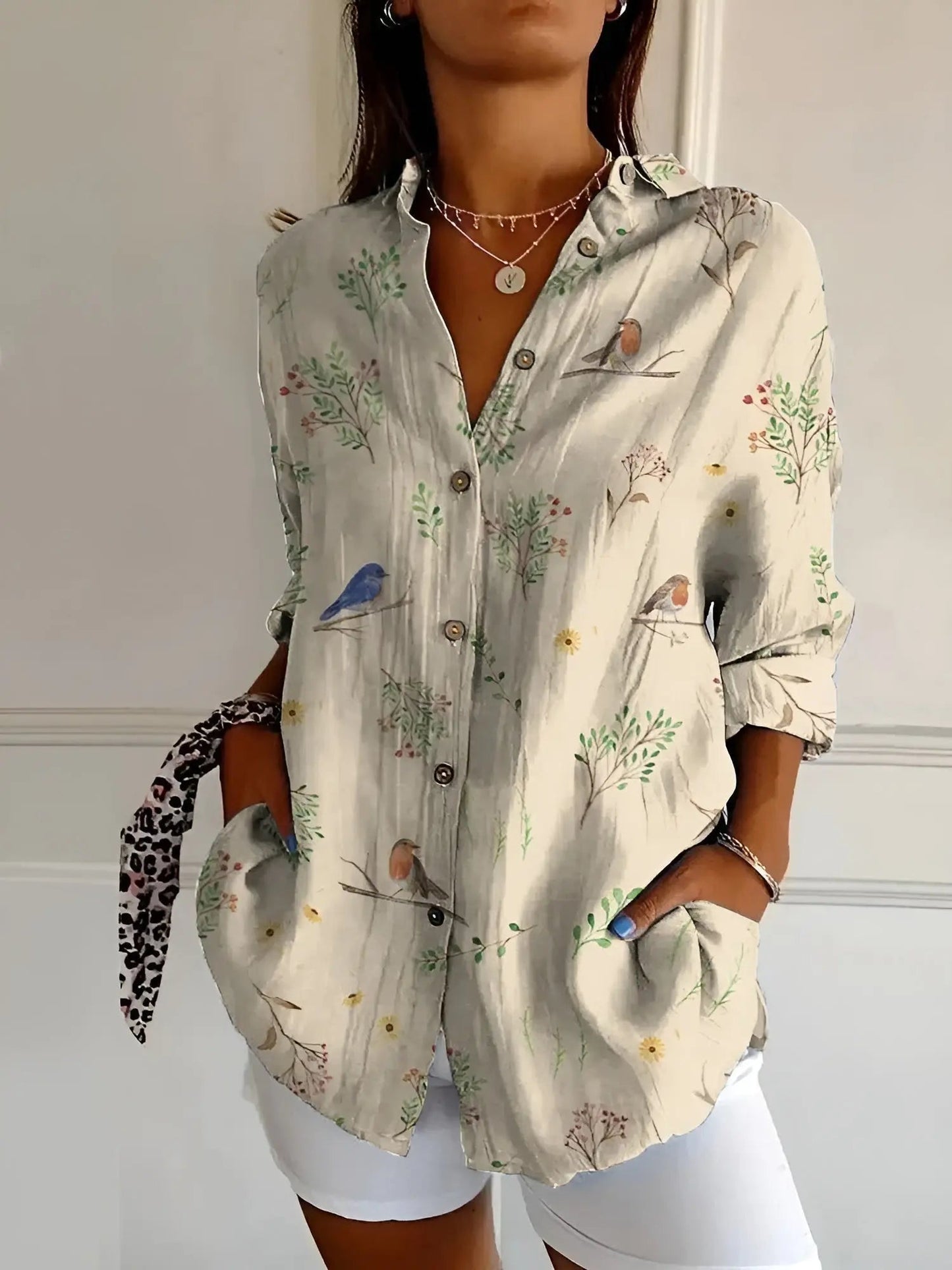 Marigold — Breathable Cotton Blouse With Elegant Long Sleeve Button-Down Style Birds Print