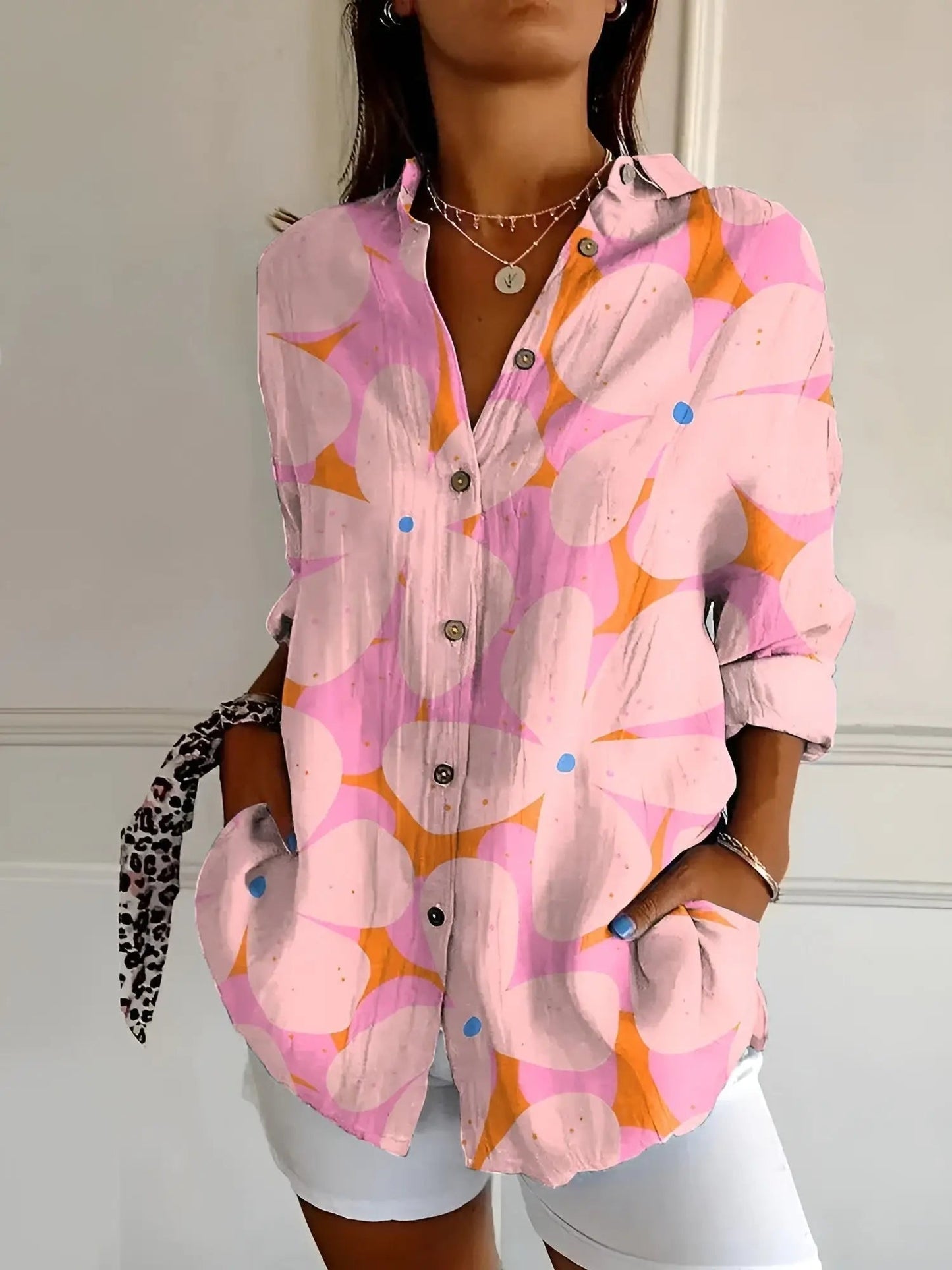 Marigold — Breathable Cotton Blouse With Elegant Long Sleeve Button-Down Style Pink Floral