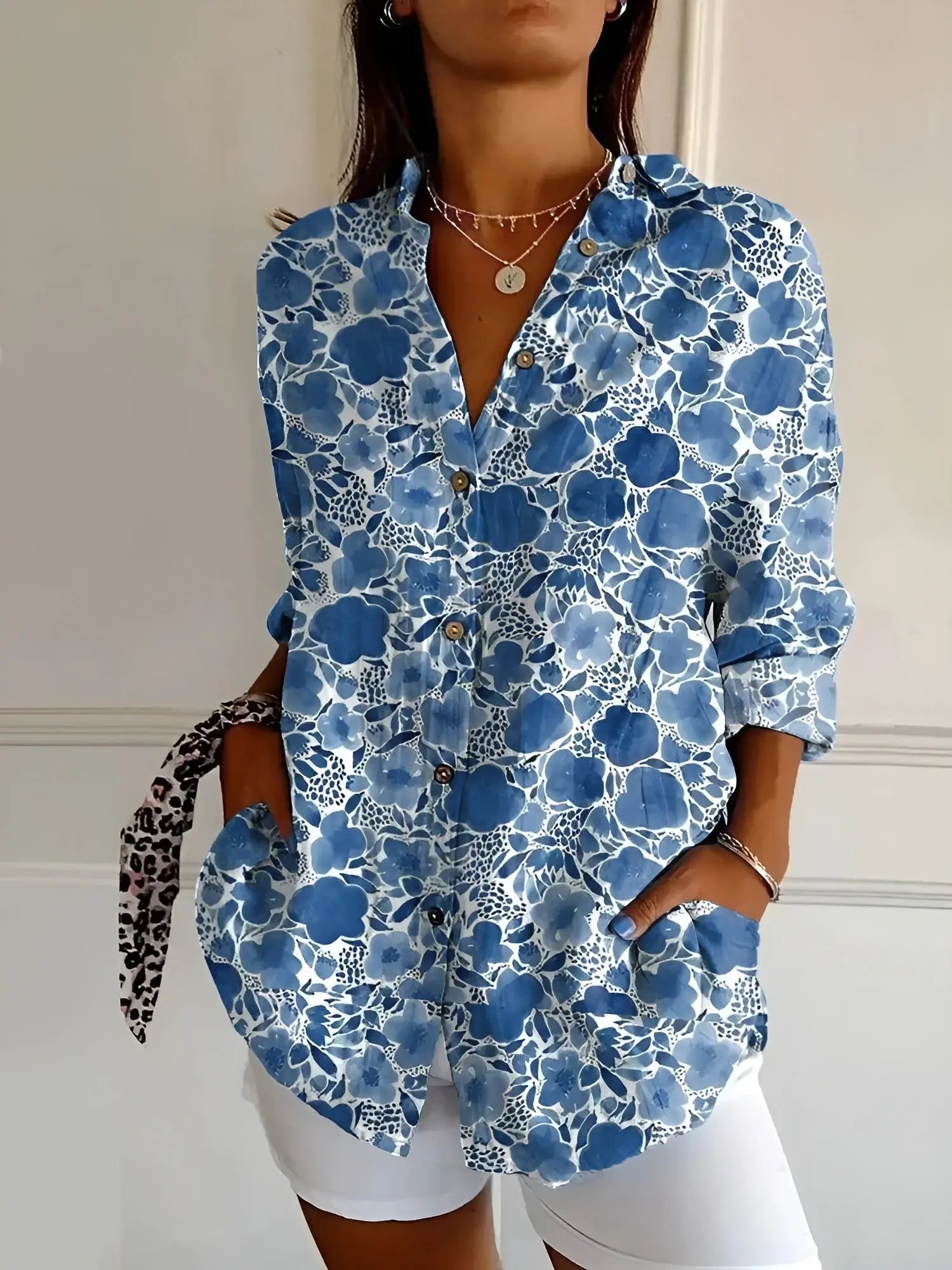 Marigold — Breathable Cotton Blouse With Elegant Long Sleeve Button-Down Style Dark blue flower
