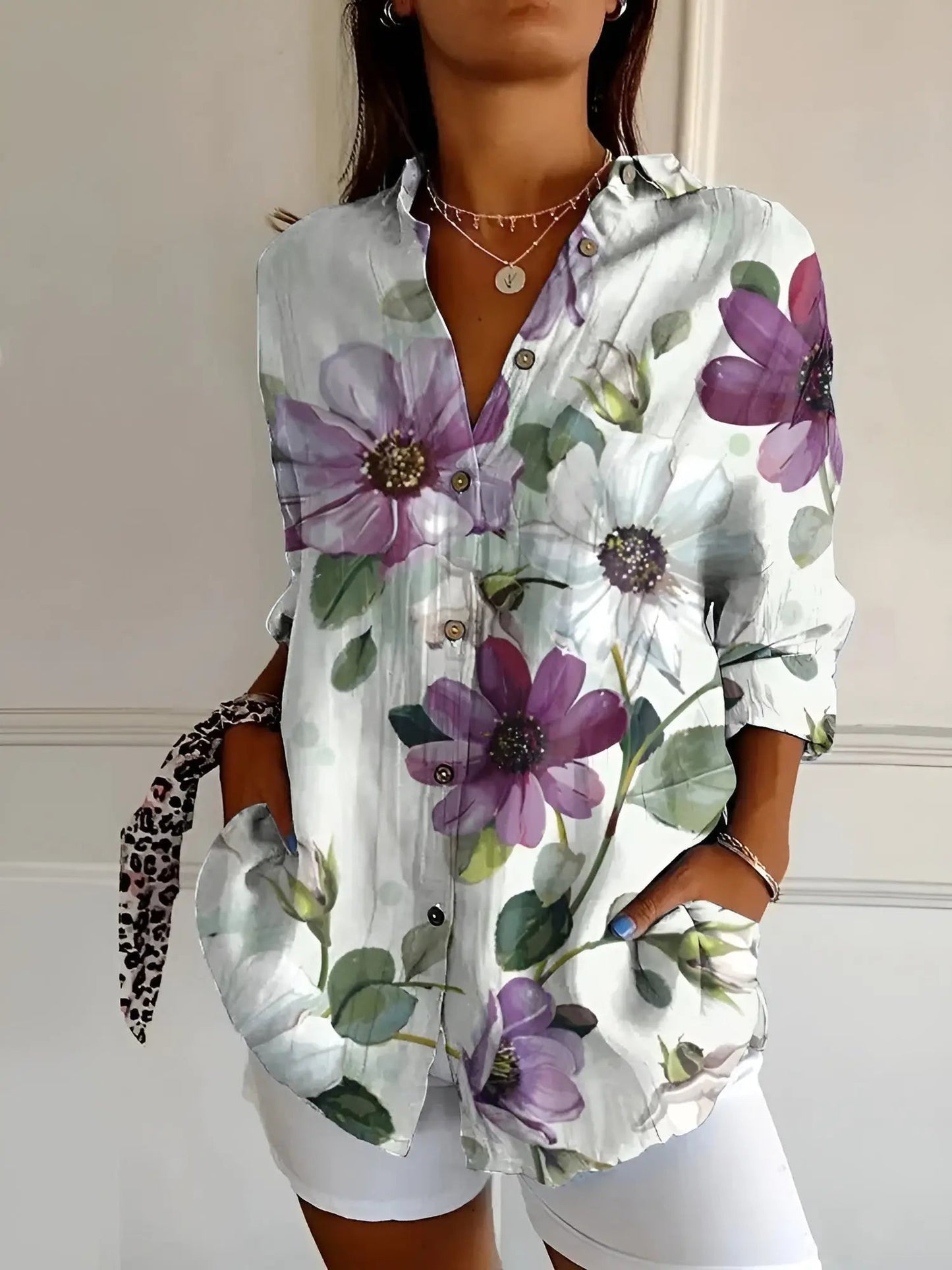 Marigold — Breathable Cotton Blouse With Elegant Long Sleeve Button-Down Style Purple flowers