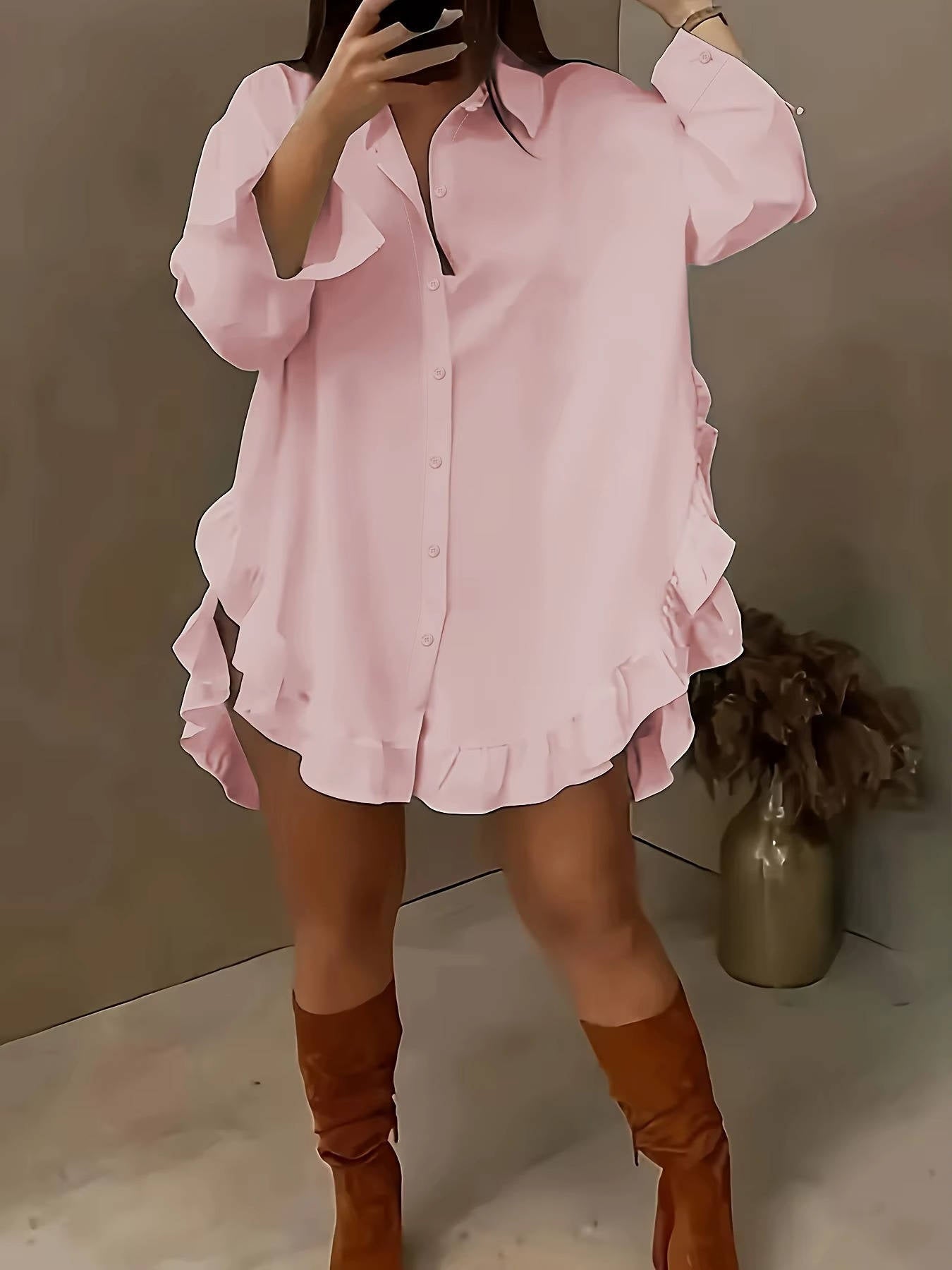 Marisia — Breathable Fabric Button Front Blouse With Relaxed Oversized Ruffle Summer Style Pink Red