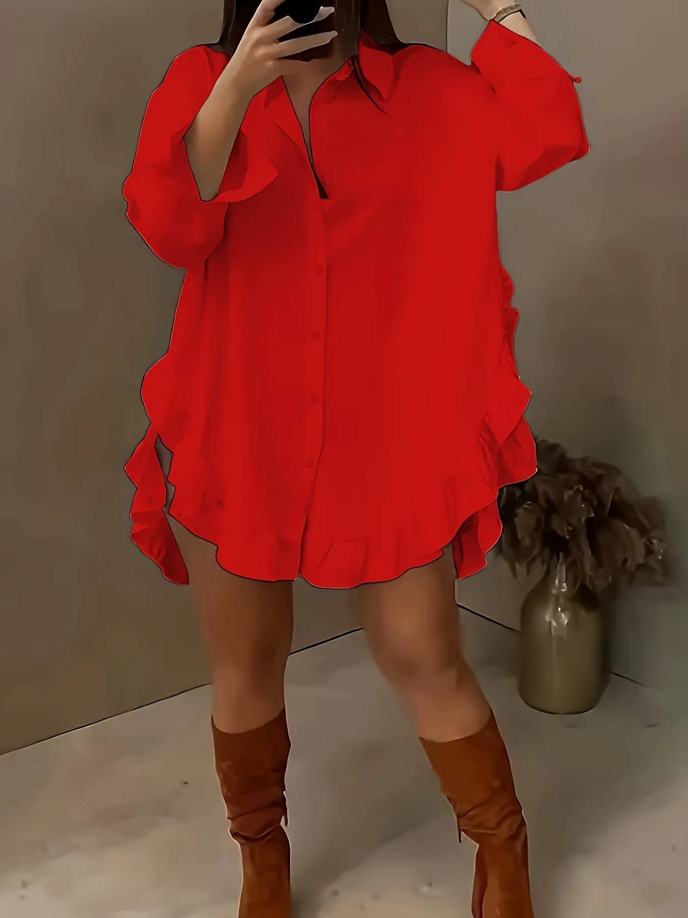 Marisia — Breathable Fabric Button Front Blouse With Relaxed Oversized Ruffle Summer Style Red